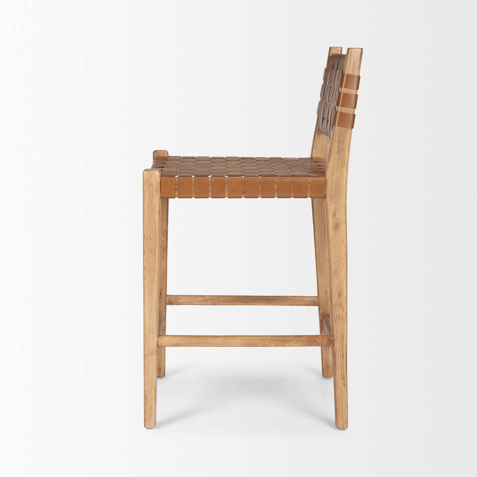 Mercana Shane Brown Wood With Woven Brown Leather Counter Stool