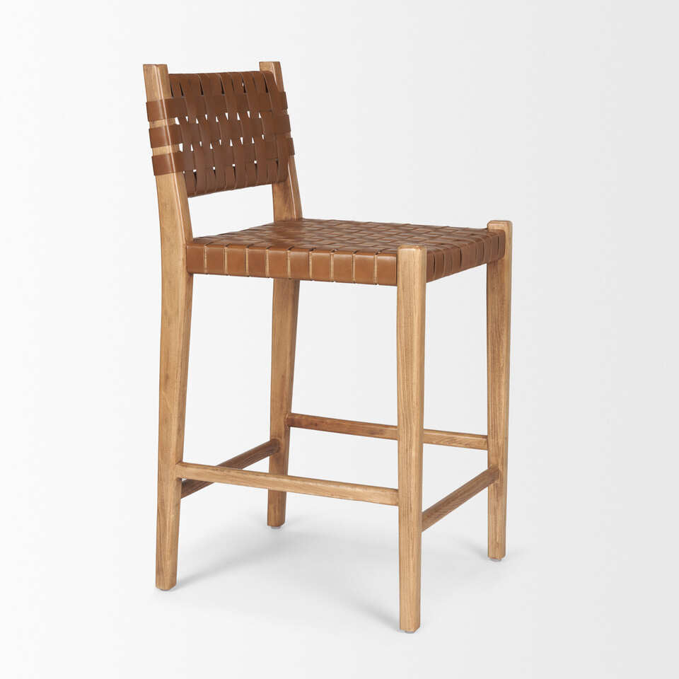 Mercana Shane Brown Wood With Woven Brown Leather Counter Stool
