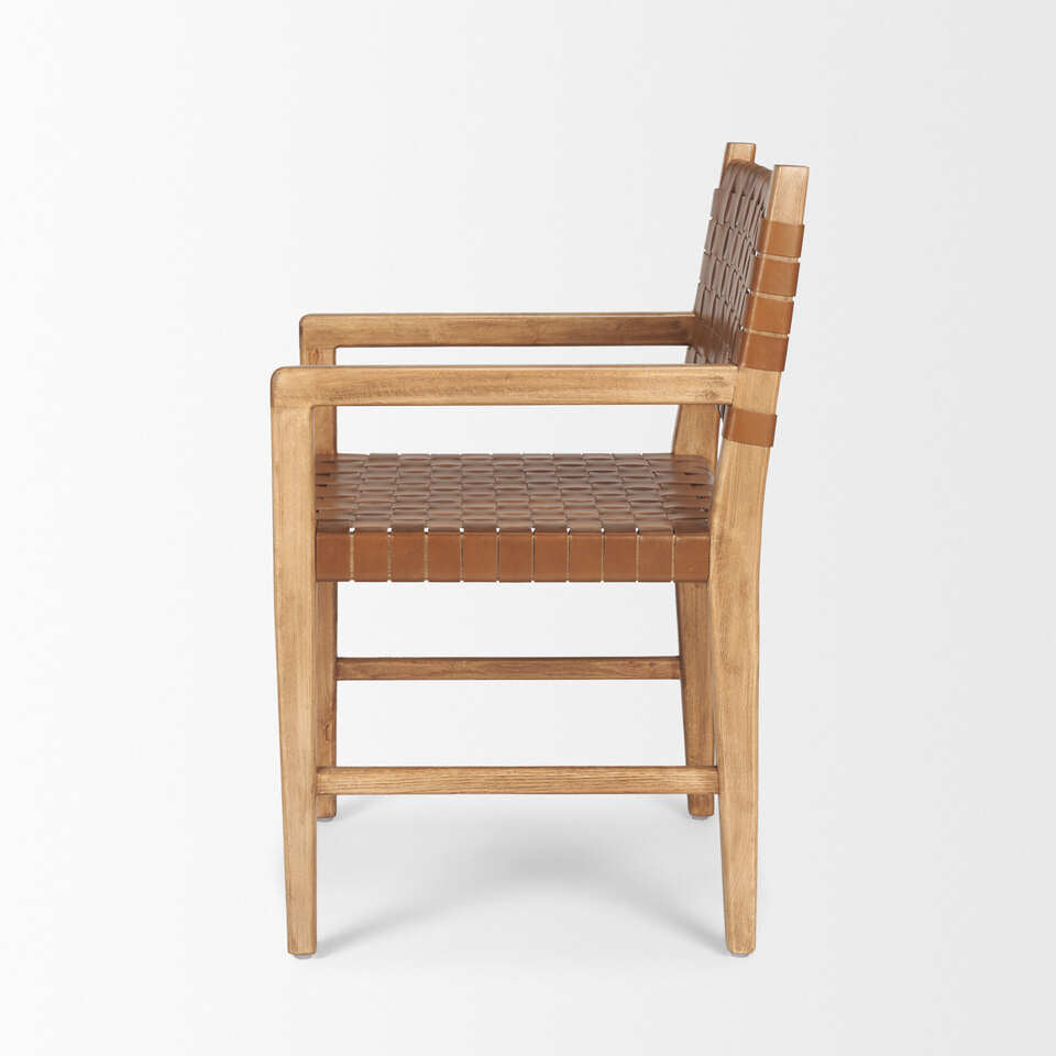 Mercana Shane Brown Wood With Woven Brown Leather Dining Armchair