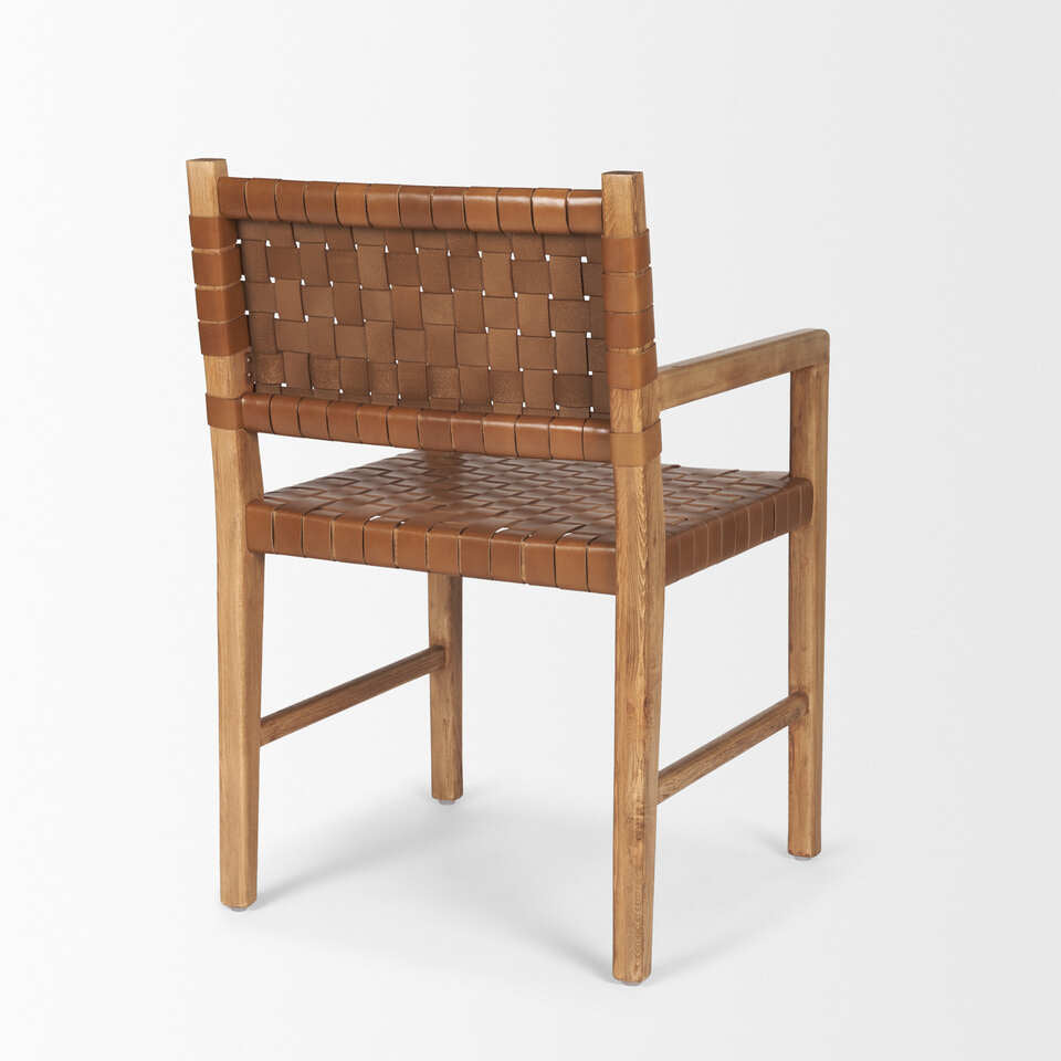 Mercana Shane Brown Wood With Woven Brown Leather Dining Armchair