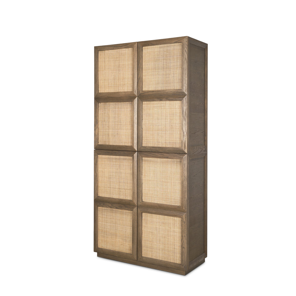 Mercana Sina Brown Oak Wood With Natural Rattan 2 Door Curio Cabinet