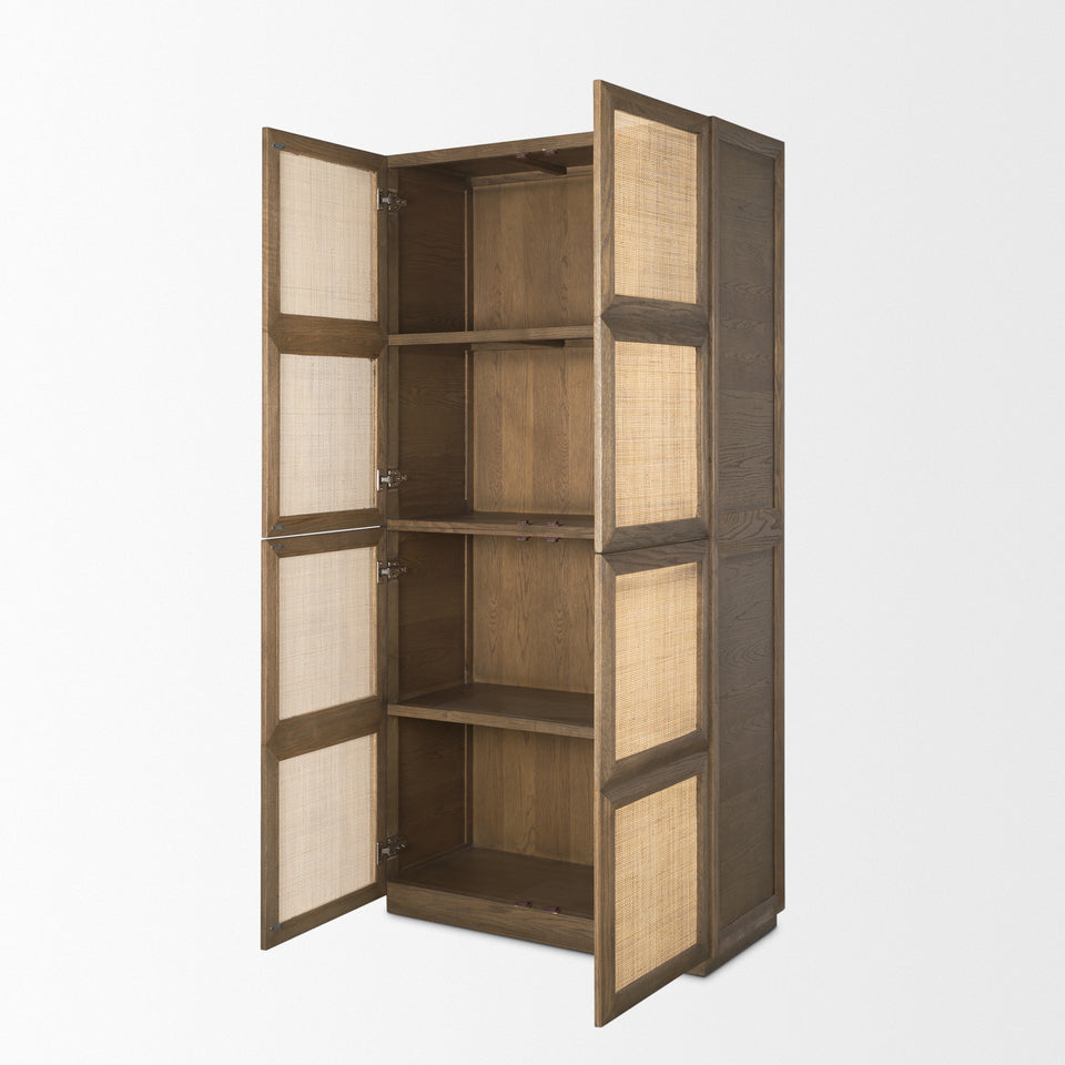 Mercana Sina Brown Oak Wood With Natural Rattan 2 Door Curio Cabinet
