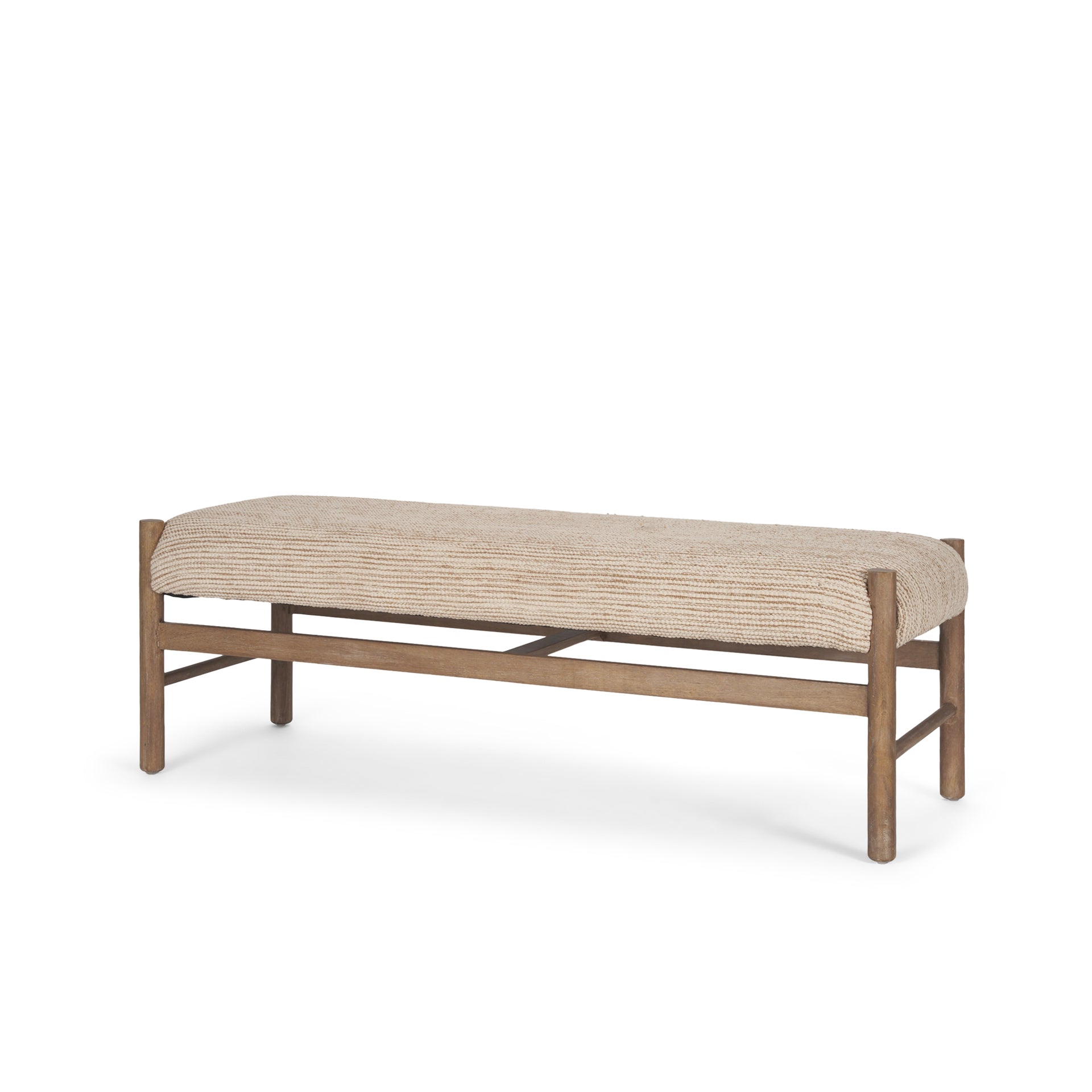 Mercana Taimo White Washed Light Brown Wood With Striped Fabric Seat Bench