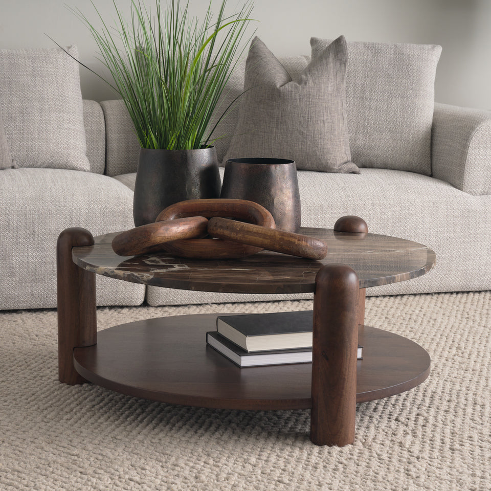 Mercana Jovia Brown Mango Wood With Cappuccino Marble Round Coffee Table