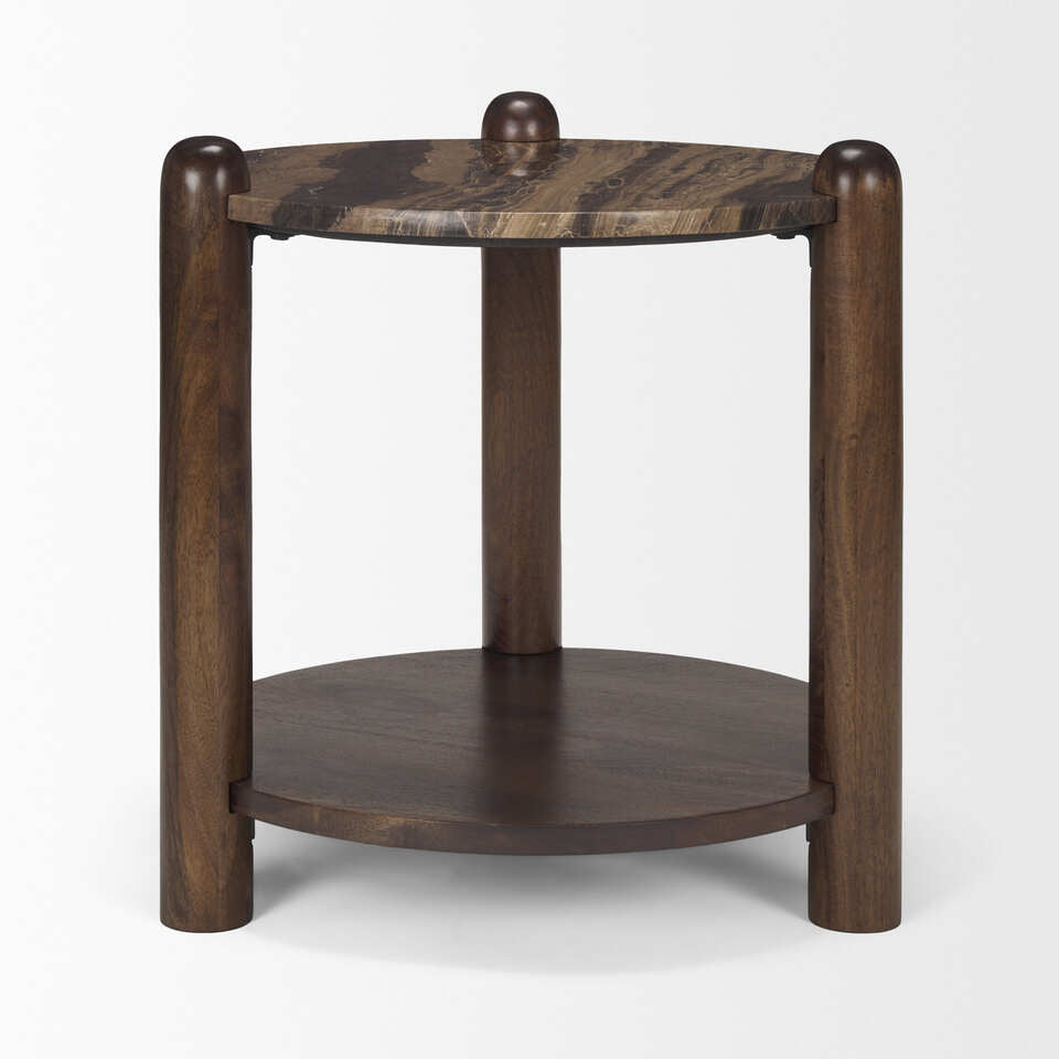 Mercana Jovia Brown Mango Wood With Cappuccino Marble Round Side Table
