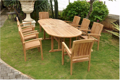 Anderson Teak Sahara 9-Piece Stackable Armchair and Oval Double Extension Outdoor Dining Set with Quick Ship Cushions