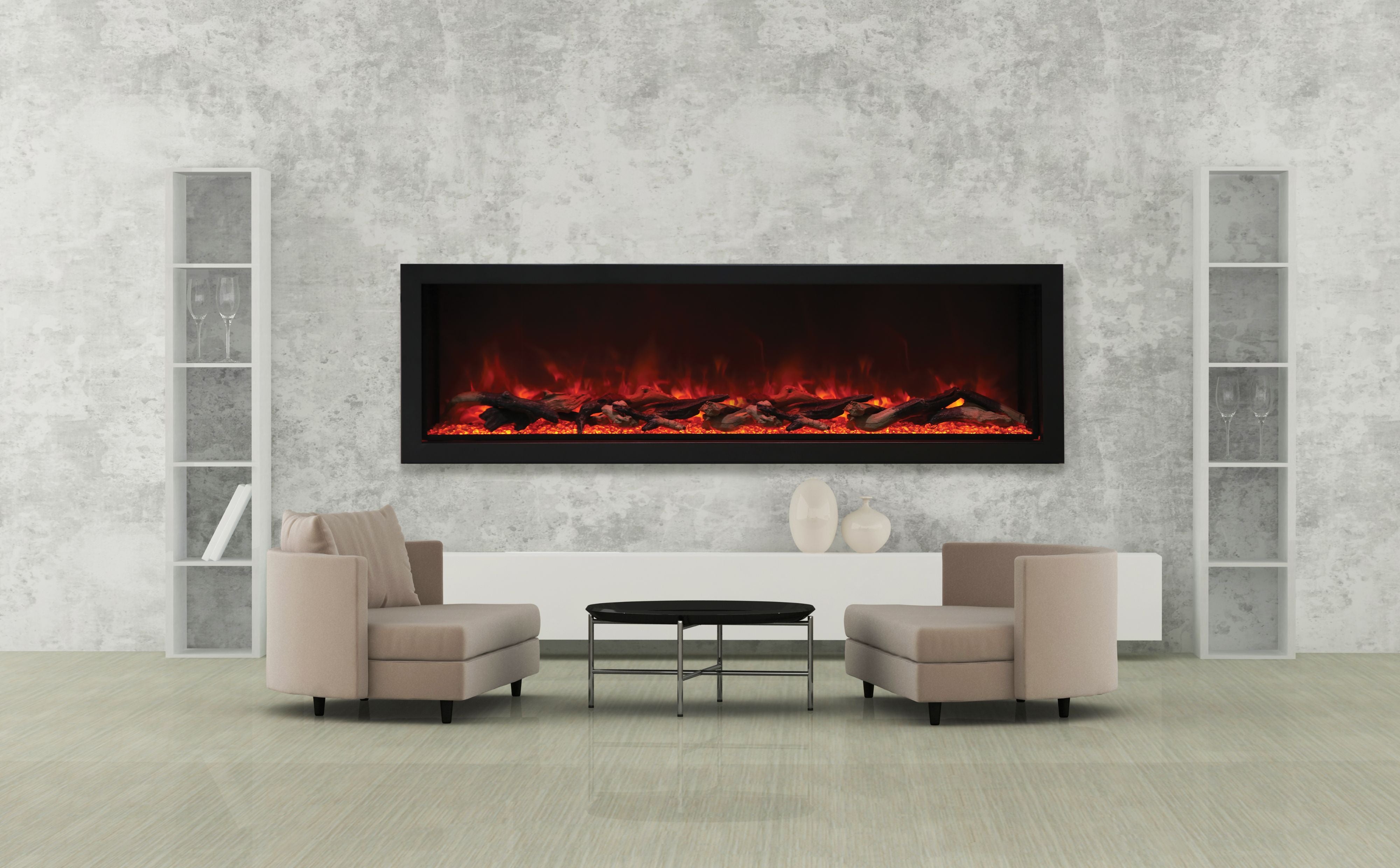 Amantii Panorama Deep & Xtra Tall Full View Smart Electric  - 72" Indoor /Outdoor WiFi Enabled  Fireplace, featuring a MultiFunction Remote, Multi Speed Flame Motor, Glass Media & a Black Trim n Only With Black Steel Surround
