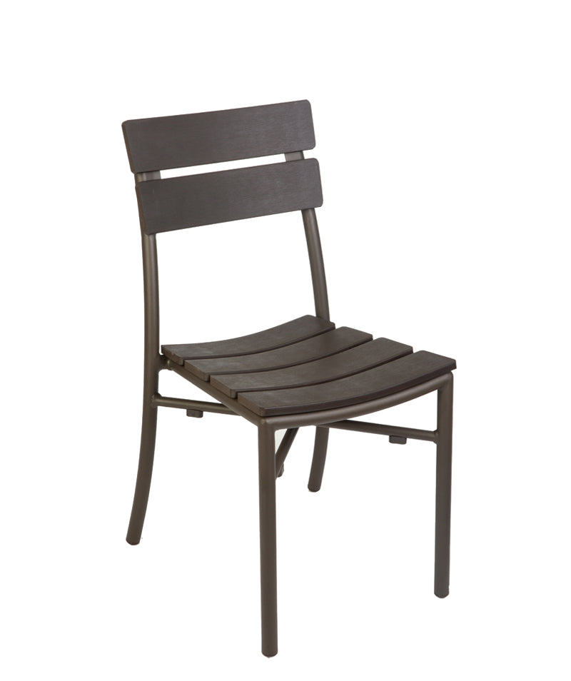 BFM Seating Bayview Stacking Side Chair - Walnut Synthetic Wood - Powder Coated Aluminum - Bronze