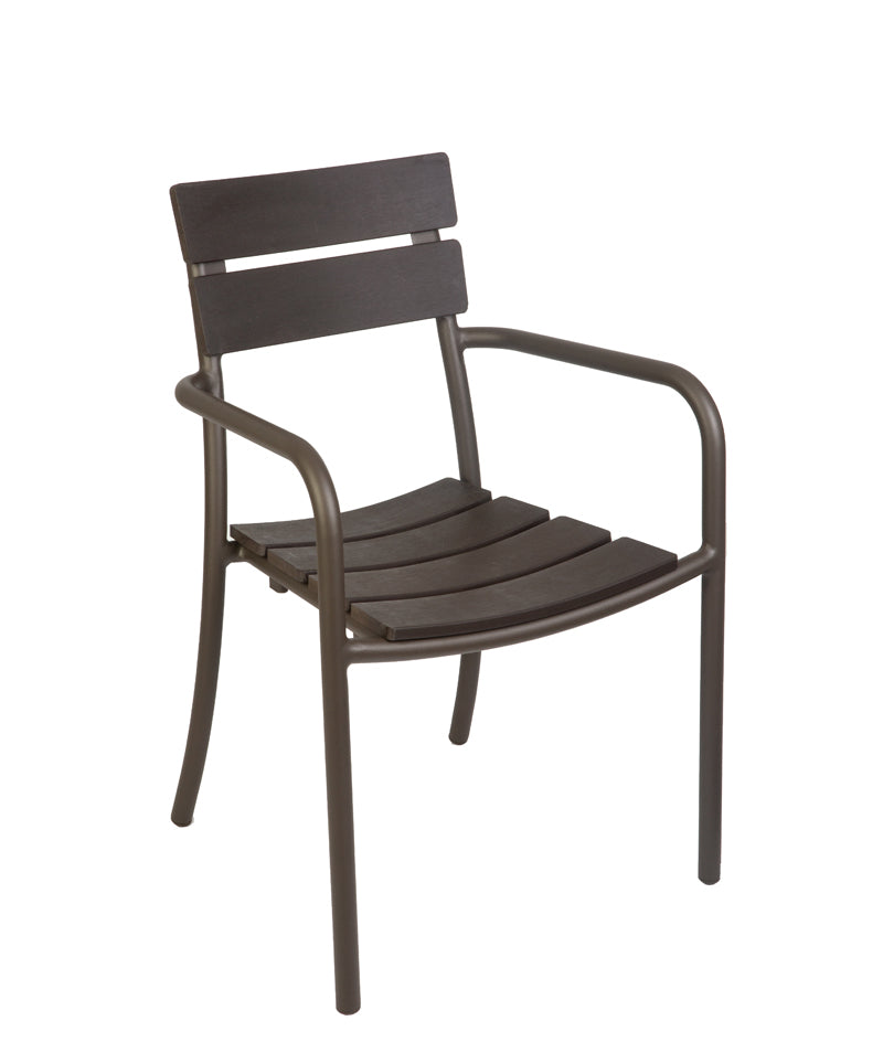 BFM Seating Bayview Stacking Armchair - Walnut Synthetic Wood - Powder Coated Aluminum - Bronze