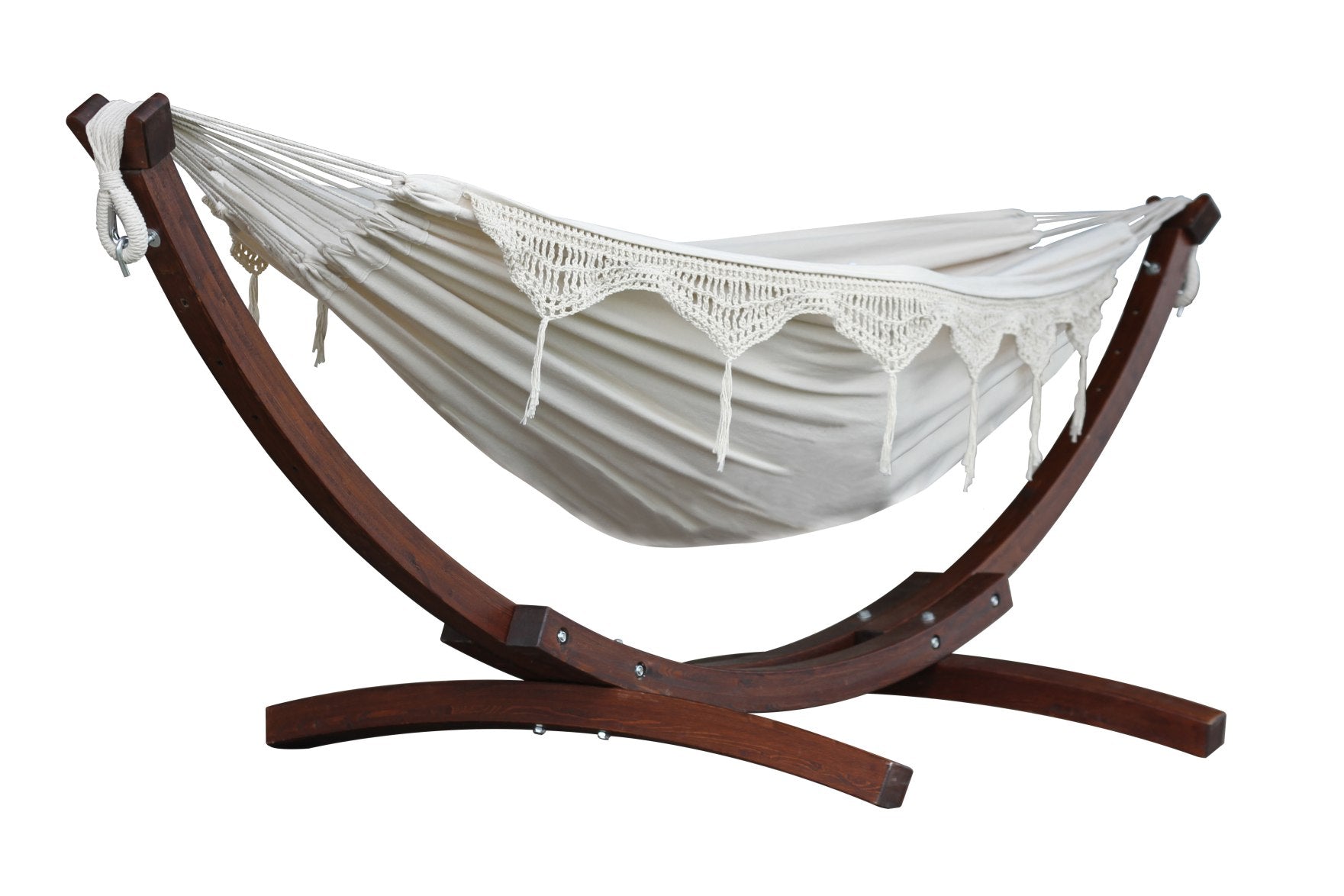 Vivere Double Cotton Hammock with Solid Pine Arc Stand - Cayo Reef/Retro/Natural with Fringe (8ft)
