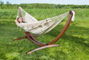 Vivere Double Cotton Hammock with Solid Pine Arc Stand - Cayo Reef/Retro/Natural with Fringe (8ft)