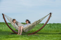 Vivere Double Cotton Hammock with Solid Pine Arc Stand - Cayo Reef/Retro/Natural with Fringe (8ft)