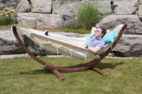 Vivere Double Cotton Hammock with Solid Pine Arc Stand - Cayo Reef/Retro/Natural with Fringe (8ft)