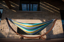 Vivere Double Cotton Hammock with Solid Pine Arc Stand - Cayo Reef/Retro/Natural with Fringe (8ft)