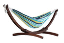Vivere Double Cotton Hammock with Solid Pine Arc Stand - Cayo Reef/Retro/Natural with Fringe (8ft)