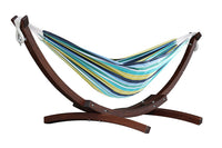 Vivere Double Cotton Hammock with Solid Pine Arc Stand - Cayo Reef/Retro/Natural with Fringe (8ft)