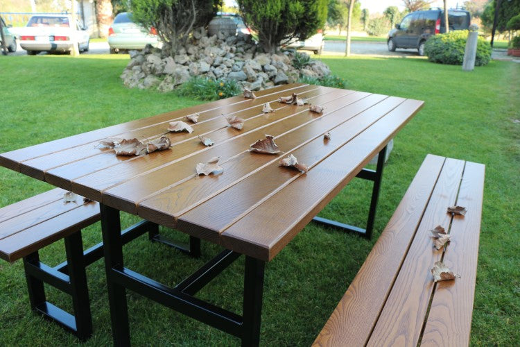 Furniture Designhouse Community European Chestnut Top Table and Two Benches in European Chestnut Slats- 71/94.5"L
