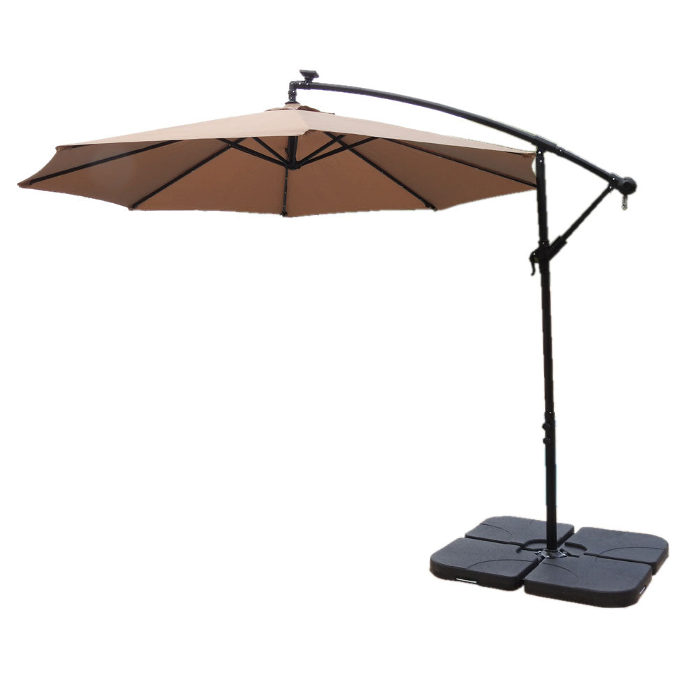 AZ Patio Heaters Offset Cantilever Umbrella with LED Lights in Tan with Cantilever Umbrella Base Set