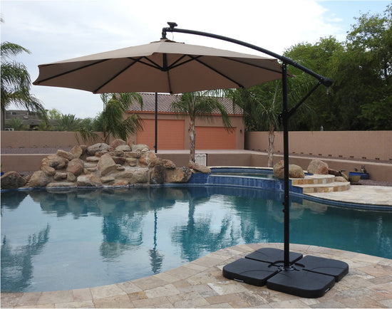 AZ Patio Heaters Offset Cantilever Umbrella with LED Lights in Tan with Cantilever Umbrella Base Set