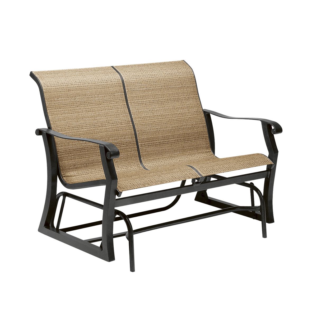 Woodard Cortland Sling Gliding Love Seat, Aged Teak, Augustine Alloy (Grade A), Grade A Fabric, Garden Chairs, Gliders, Cortland, Aluminum, Glider, Curved, Outdoor