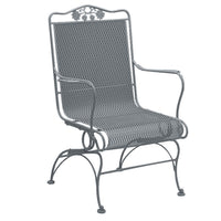 Woodard Briarwood High Back Coil Spring Chair with Optional Seat and Back Cushion, Aged Teak, Beach Bum Creamsicle (Grade A), Grade A Fabric, Dining Chairs, Fabric, Iron, Curved, 4 Legs, Outdoor