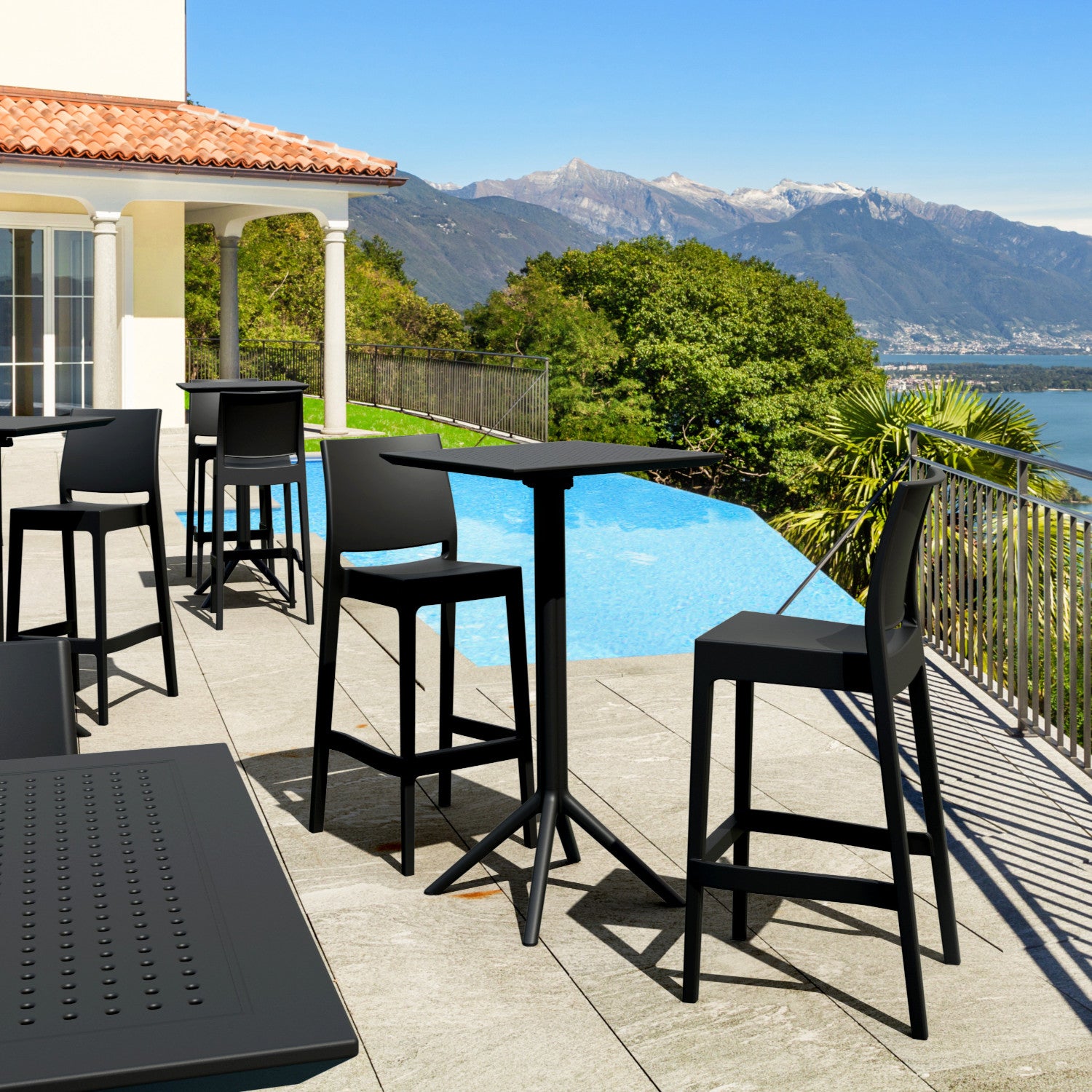 Compamia Sky Maya Square Bar Set with 2 Barstools in Black/Dark Gray/Taupe/White/Olive Green