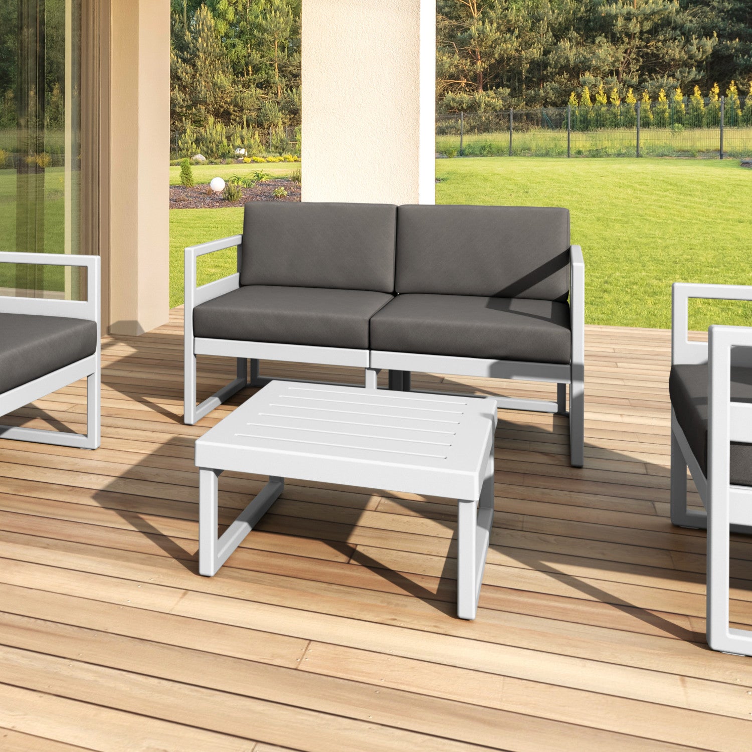 Compamia Mykonos Patio Loveseat Silver with Sunbrella Charcoal/Natural Cushion