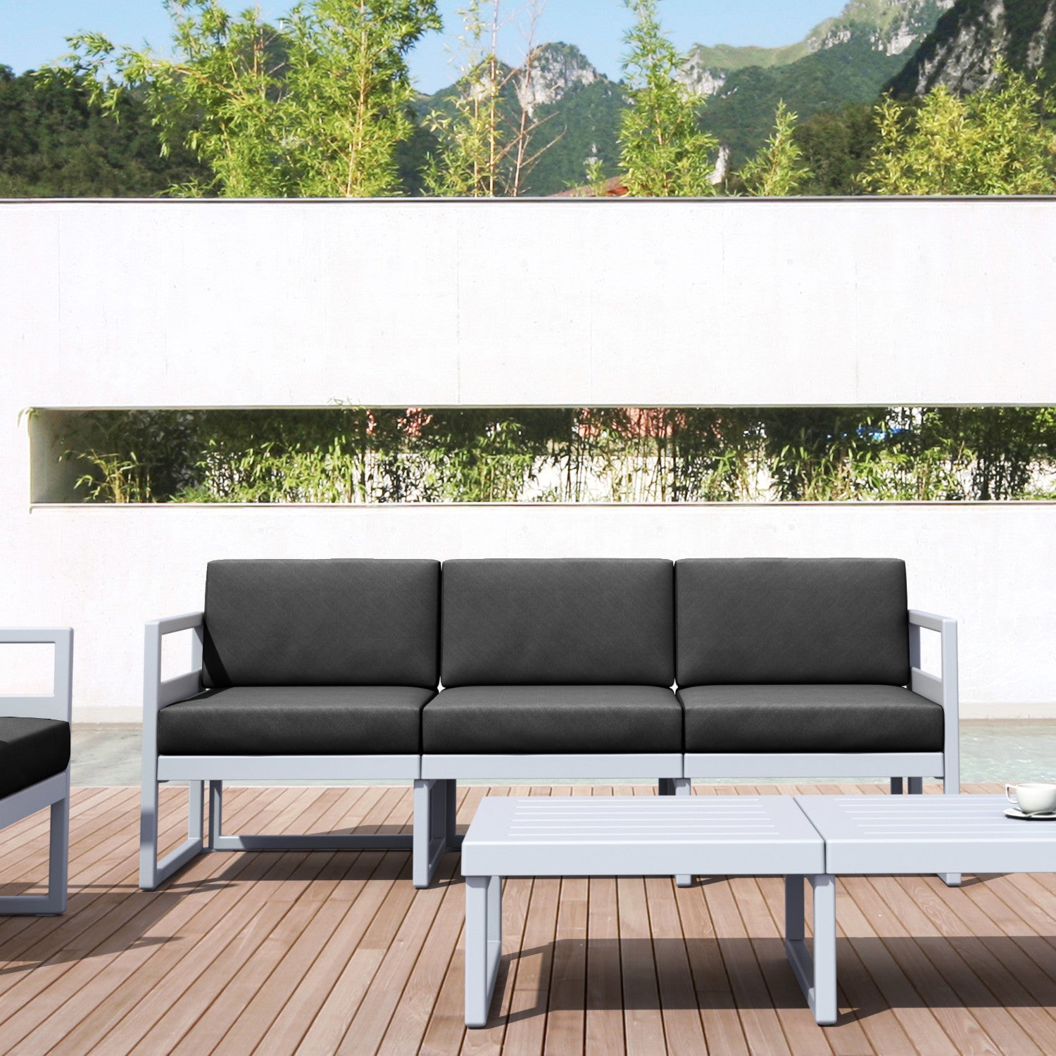 Compamia Mykonos Patio Sofa Silver with Sunbrella Charcoal/Natural Cushion