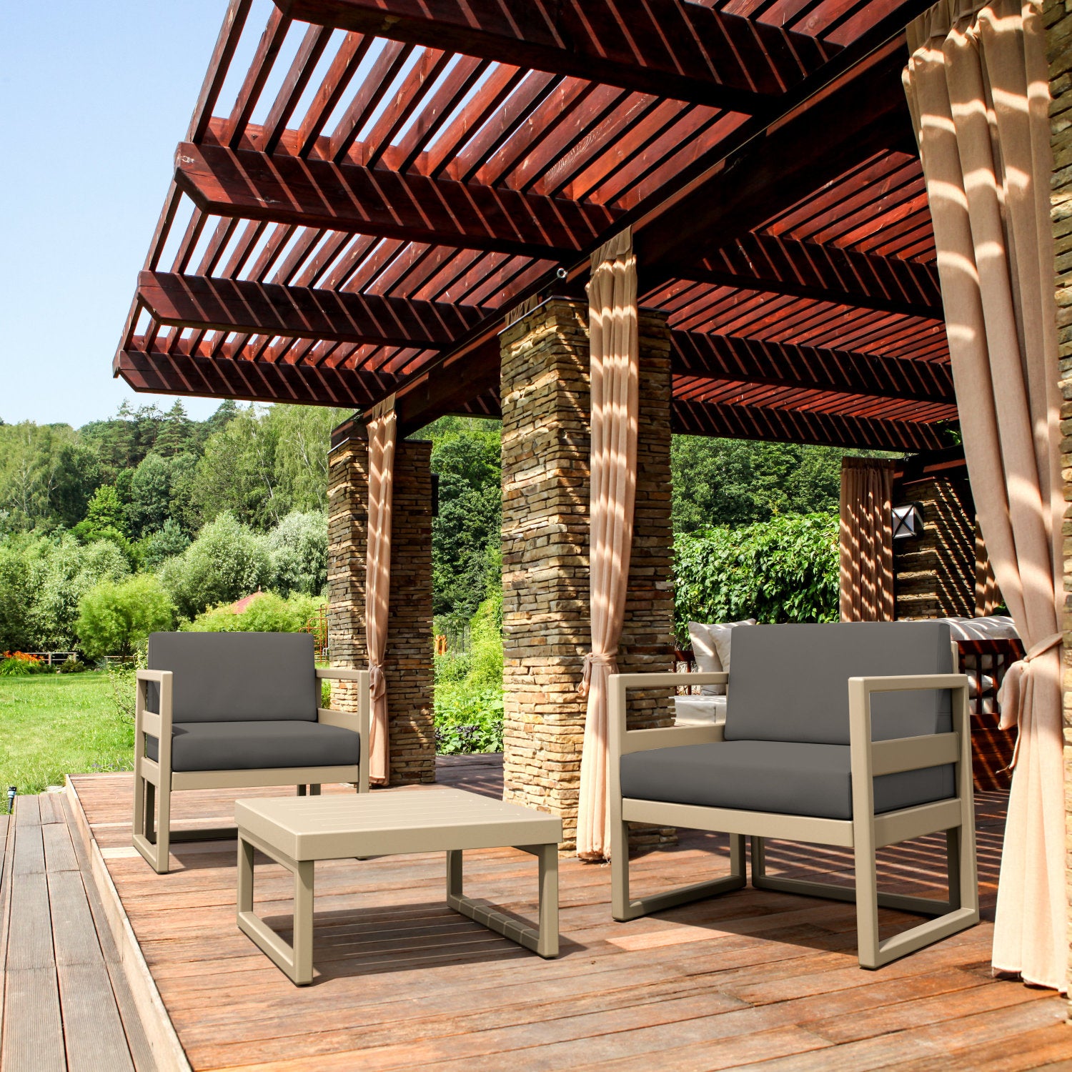 Compamia Mykonos Club Seating Set 3 Piece in Taupe/White/Silver with Sunbrella Charcoal/Natural/Taupe Cushion