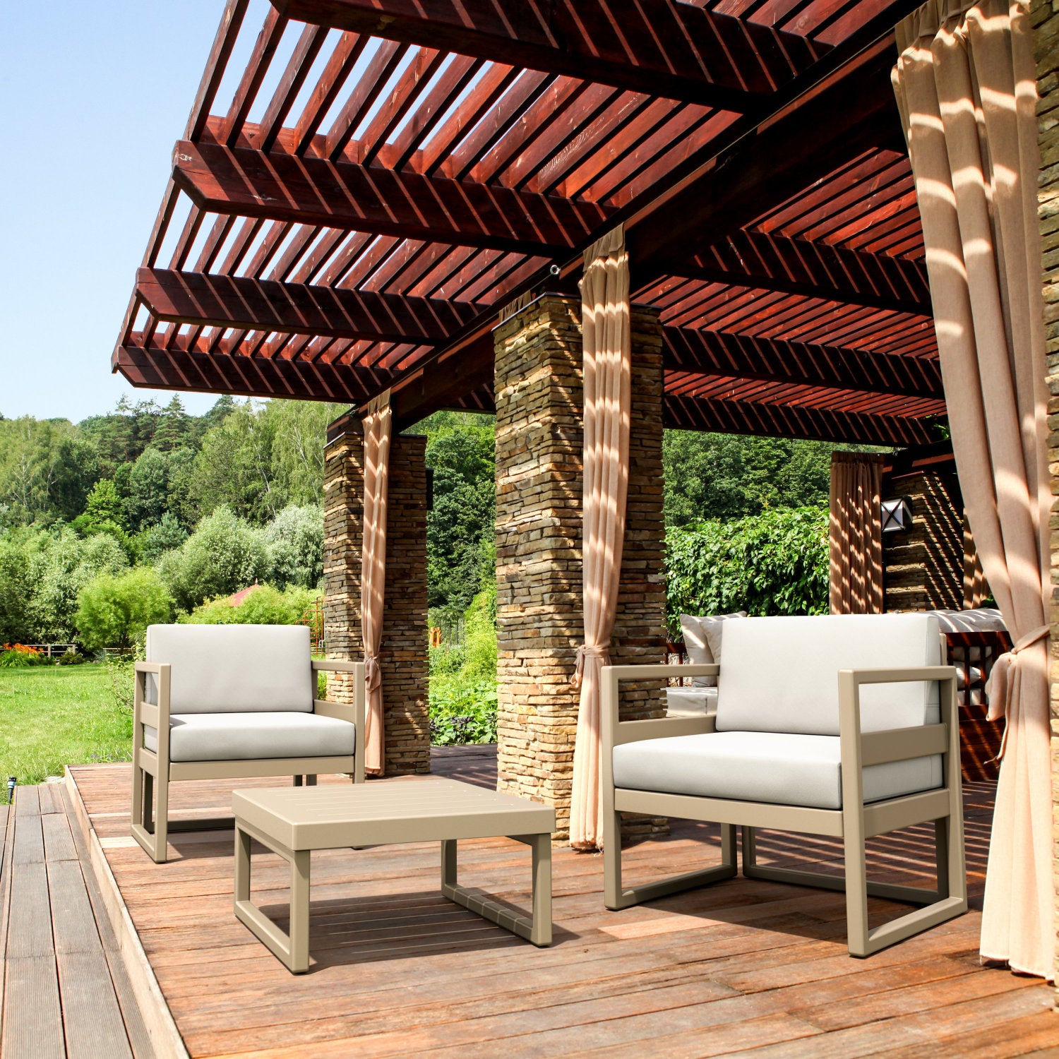 Compamia Mykonos Club Seating Set 3 Piece in Taupe/White/Silver with Sunbrella Charcoal/Natural/Taupe Cushion
