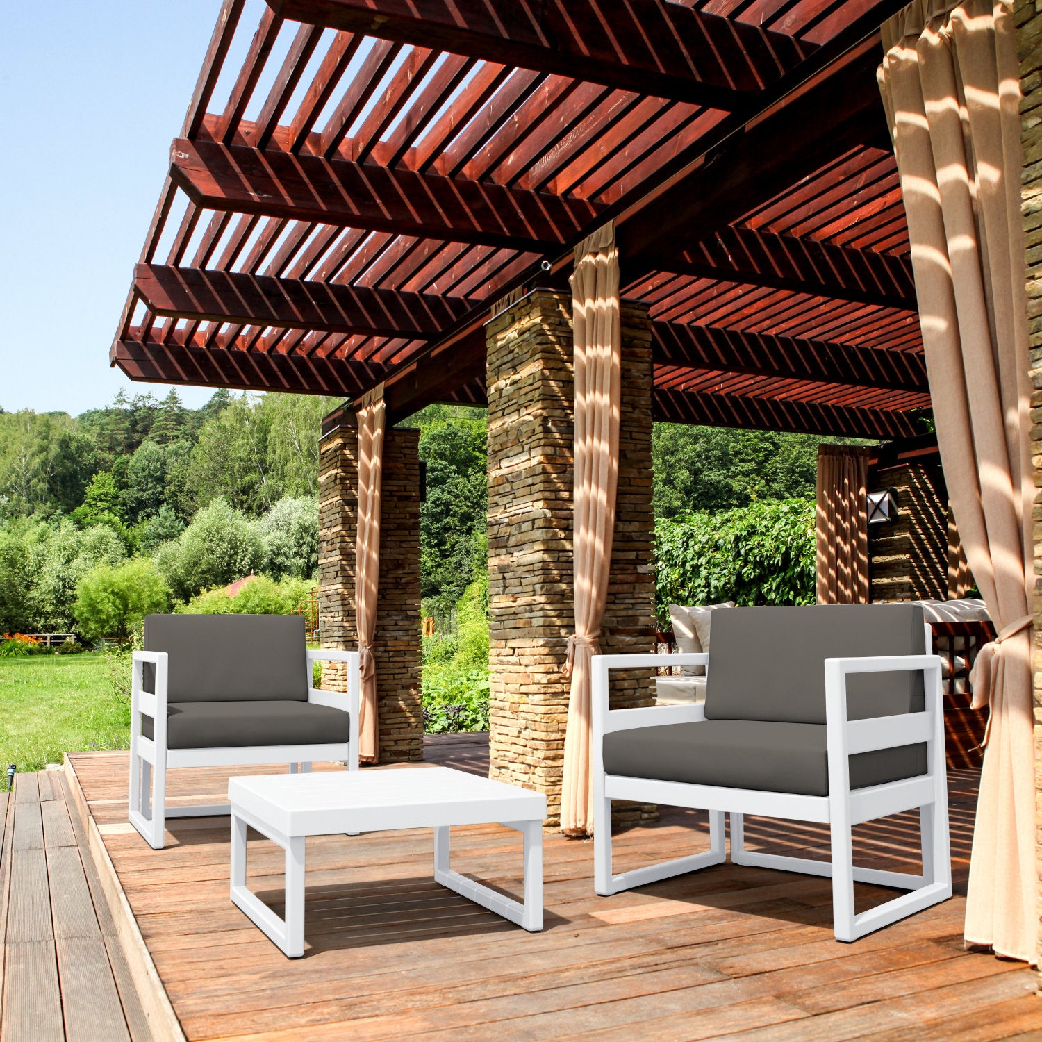 Compamia Mykonos Club Seating Set 3 Piece in Taupe/White/Silver with Sunbrella Charcoal/Natural/Taupe Cushion