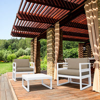 Compamia Mykonos Club Seating Set 3 Piece in Taupe/White/Silver with Sunbrella Charcoal/Natural/Taupe Cushion