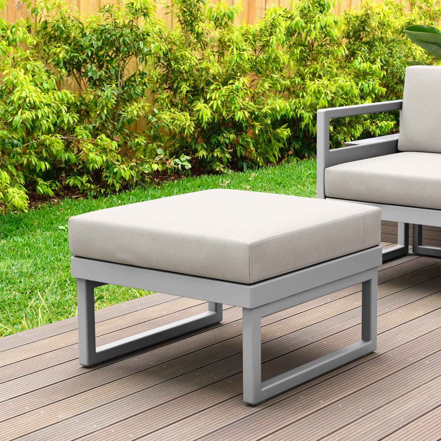Compamia Mykonos Ottoman Silver with Sunbrella Charcoal/Natural Cushion
