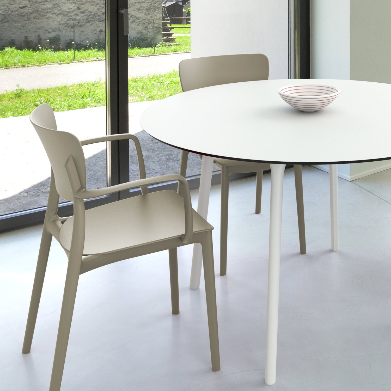 Compamia Lisa Round Dining Set with 47 inch White Table and Black/Dark Gray/Taupe/Olive Green/Red/White Armcairs
