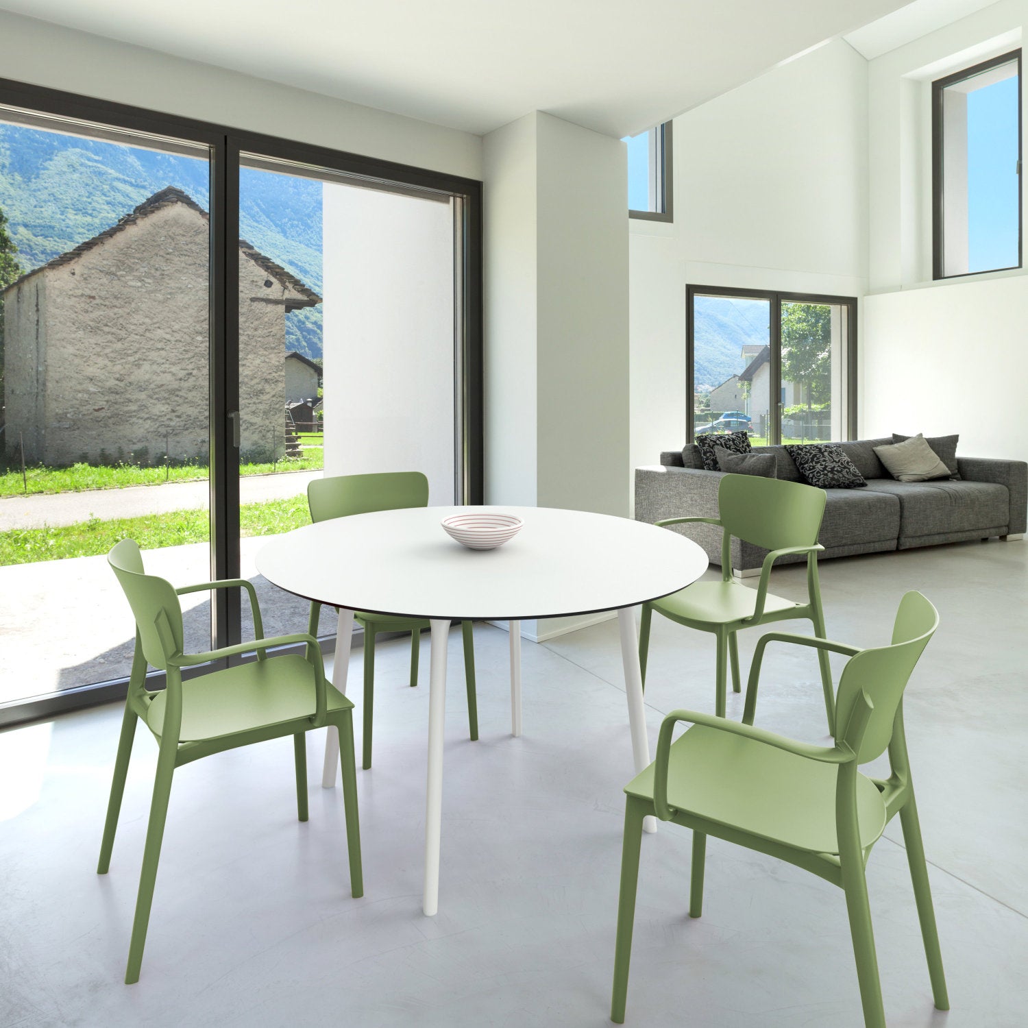 Compamia Lisa Round Dining Set with 47 inch White Table and Black/Dark Gray/Taupe/Olive Green/Red/White Armcairs
