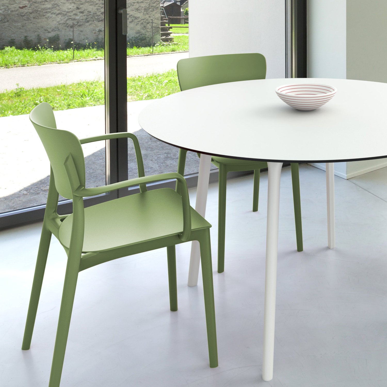 Compamia Lisa Round Dining Set with 47 inch White Table and Black/Dark Gray/Taupe/Olive Green/Red/White Armcairs