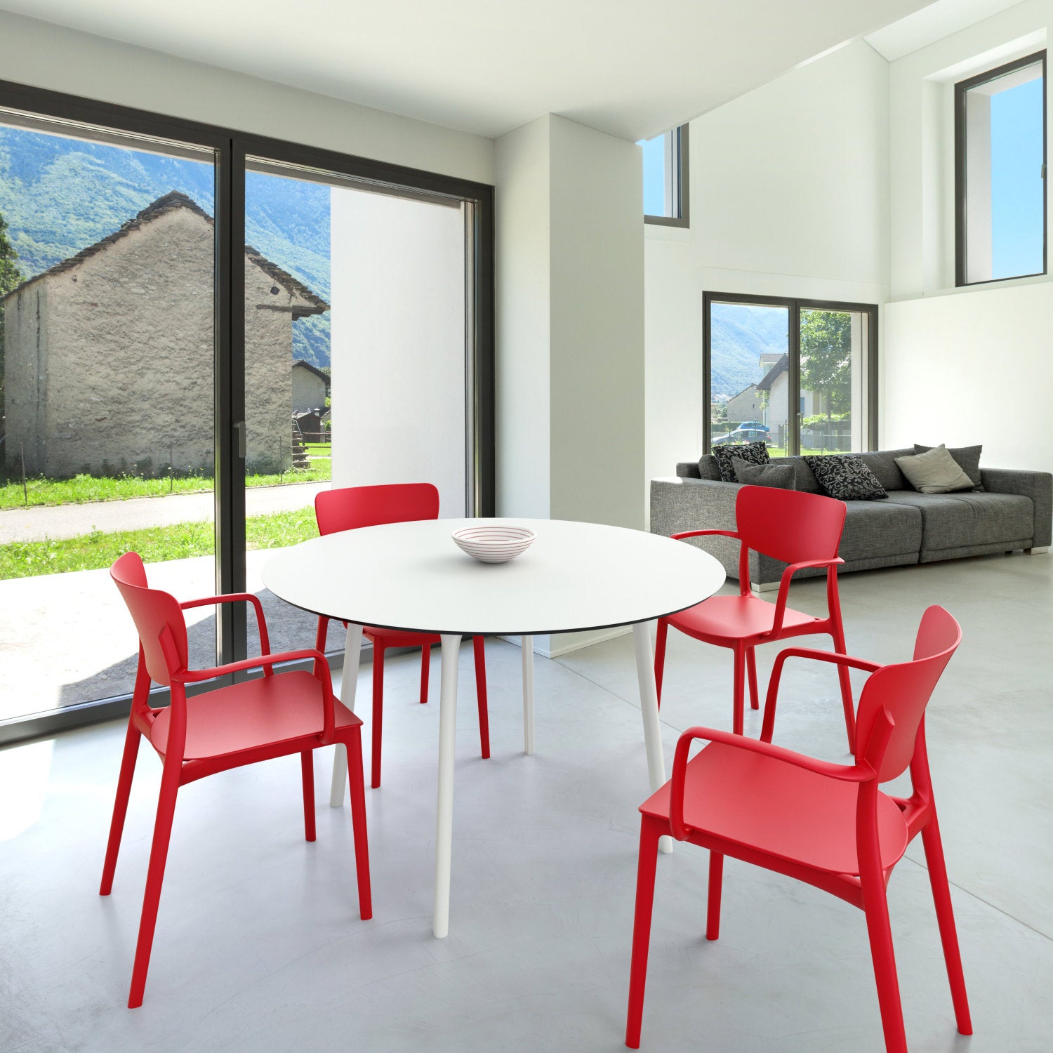 Compamia Lisa Round Dining Set with 47 inch White Table and Black/Dark Gray/Taupe/Olive Green/Red/White Armcairs