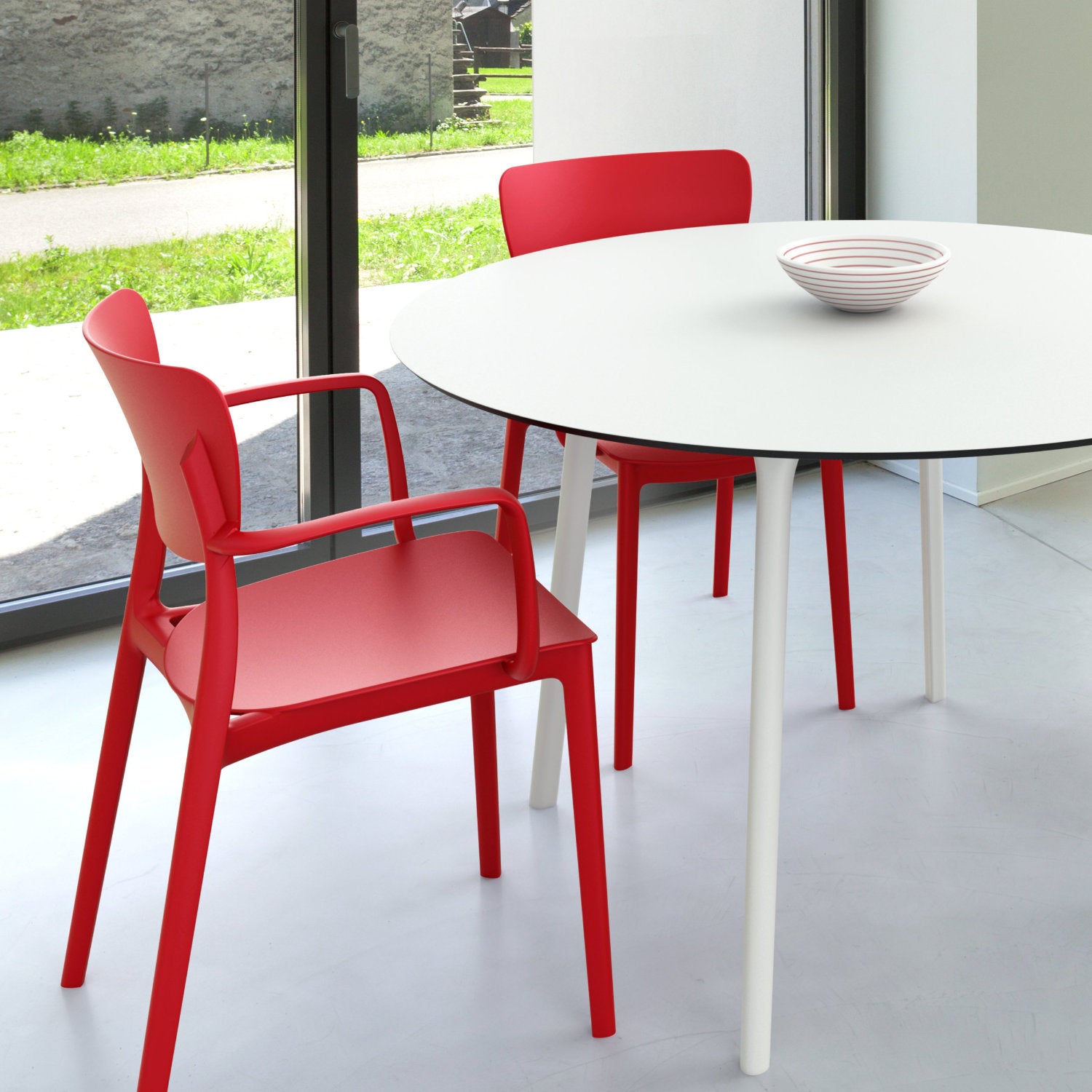Compamia Lisa Round Dining Set with 47 inch White Table and Black/Dark Gray/Taupe/Olive Green/Red/White Armcairs
