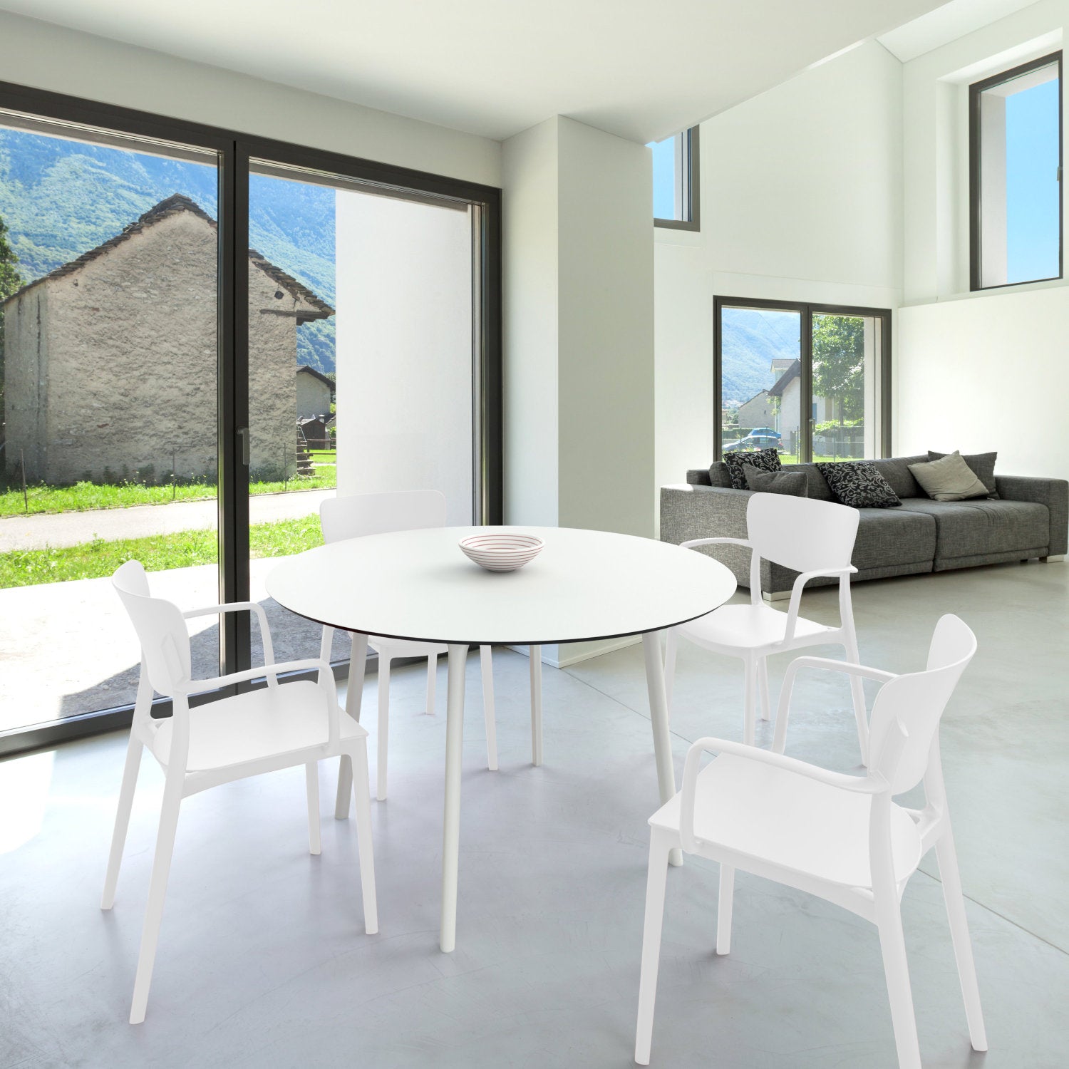 Compamia Lisa Round Dining Set with 47 inch White Table and Black/Dark Gray/Taupe/Olive Green/Red/White Armcairs