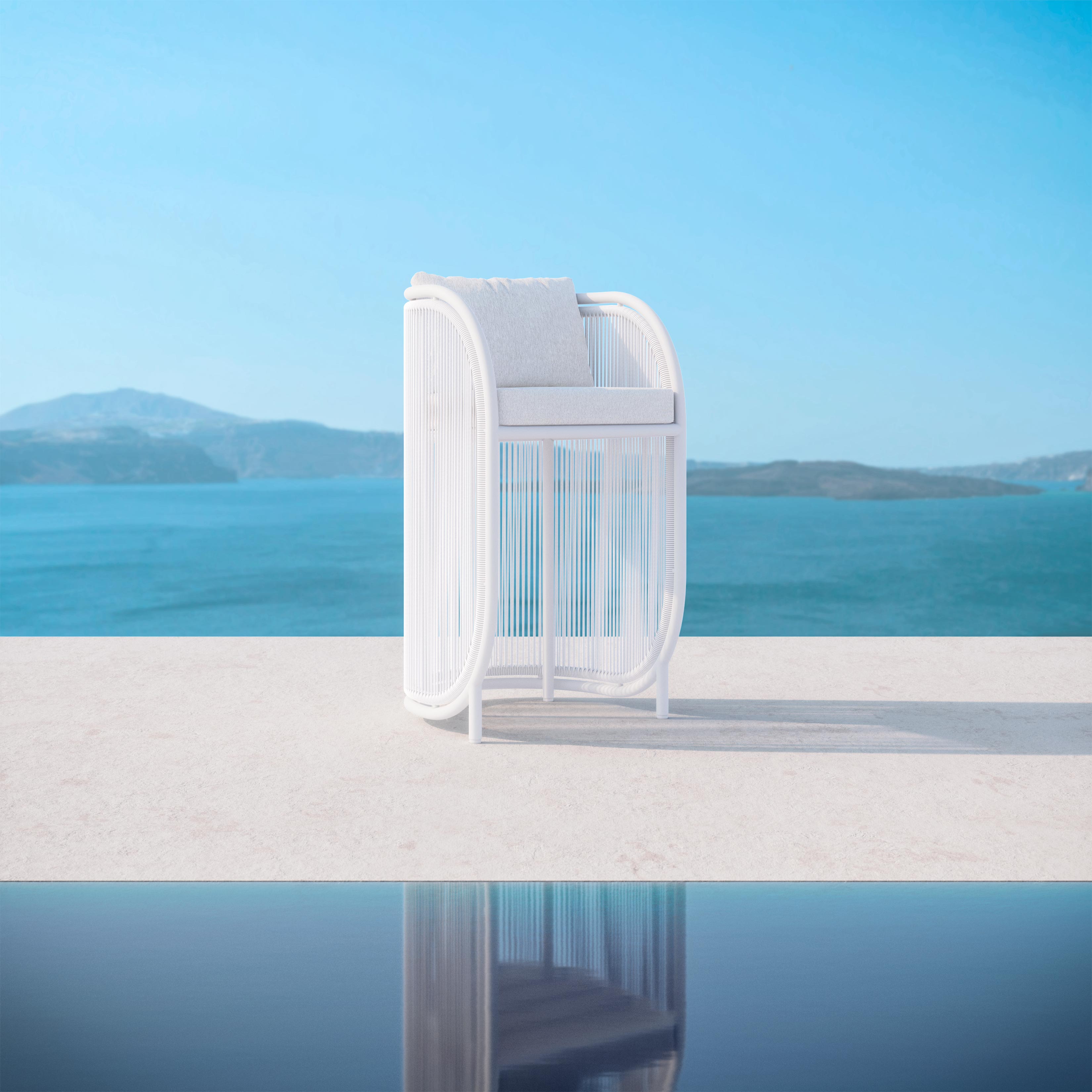 Azzurro Living Kamari Bar Stool With Matte White Aluminum Frame And White Mist All-Weather Texteline Rope