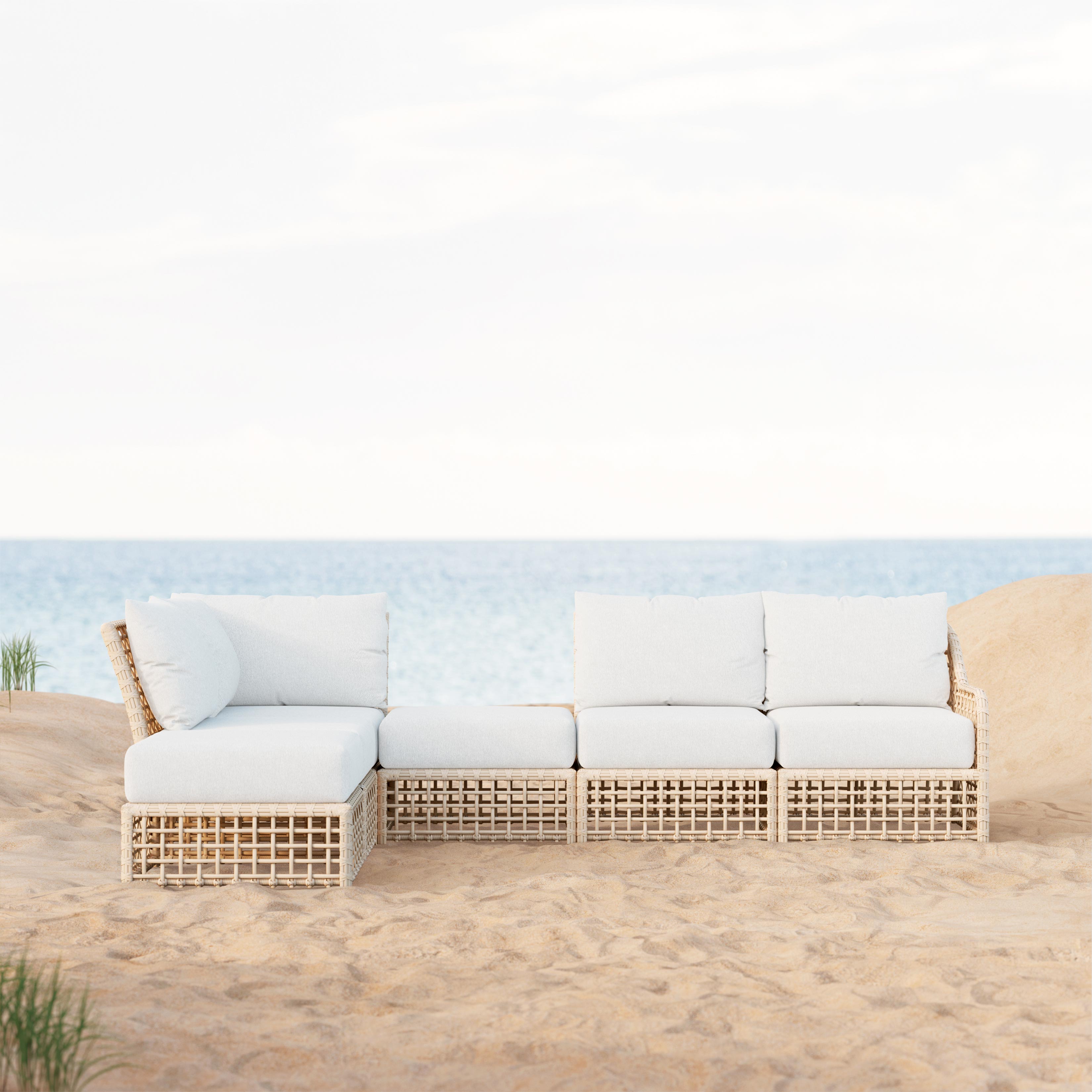 Azzurro Living Kiawah Corner Chair With Natural Aluminum Frame And Almond All-Weather Wicker