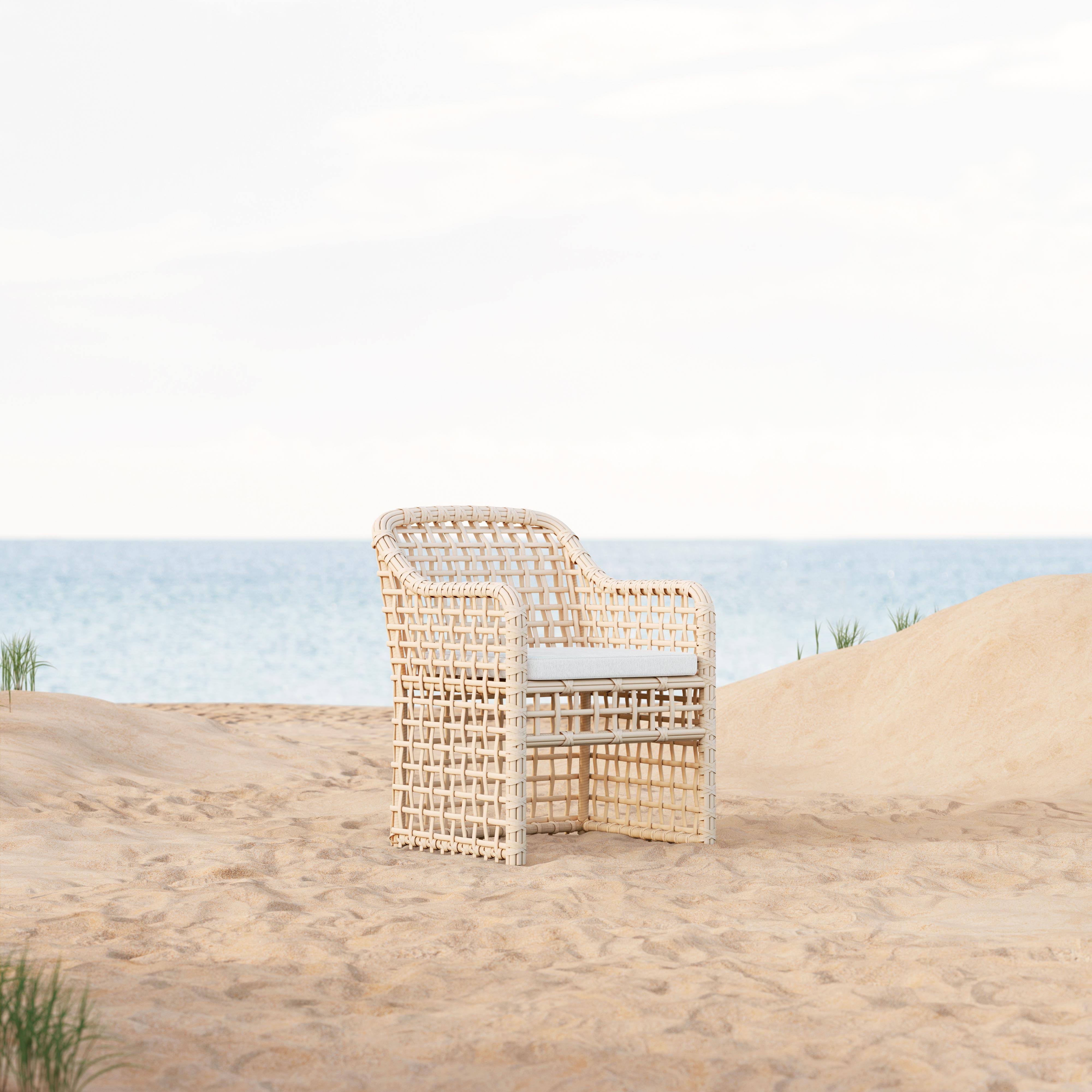 Azzurro Living Kiawah Dining Chair With Matte White Aluminum Frame and Almond All-Weather Wicker