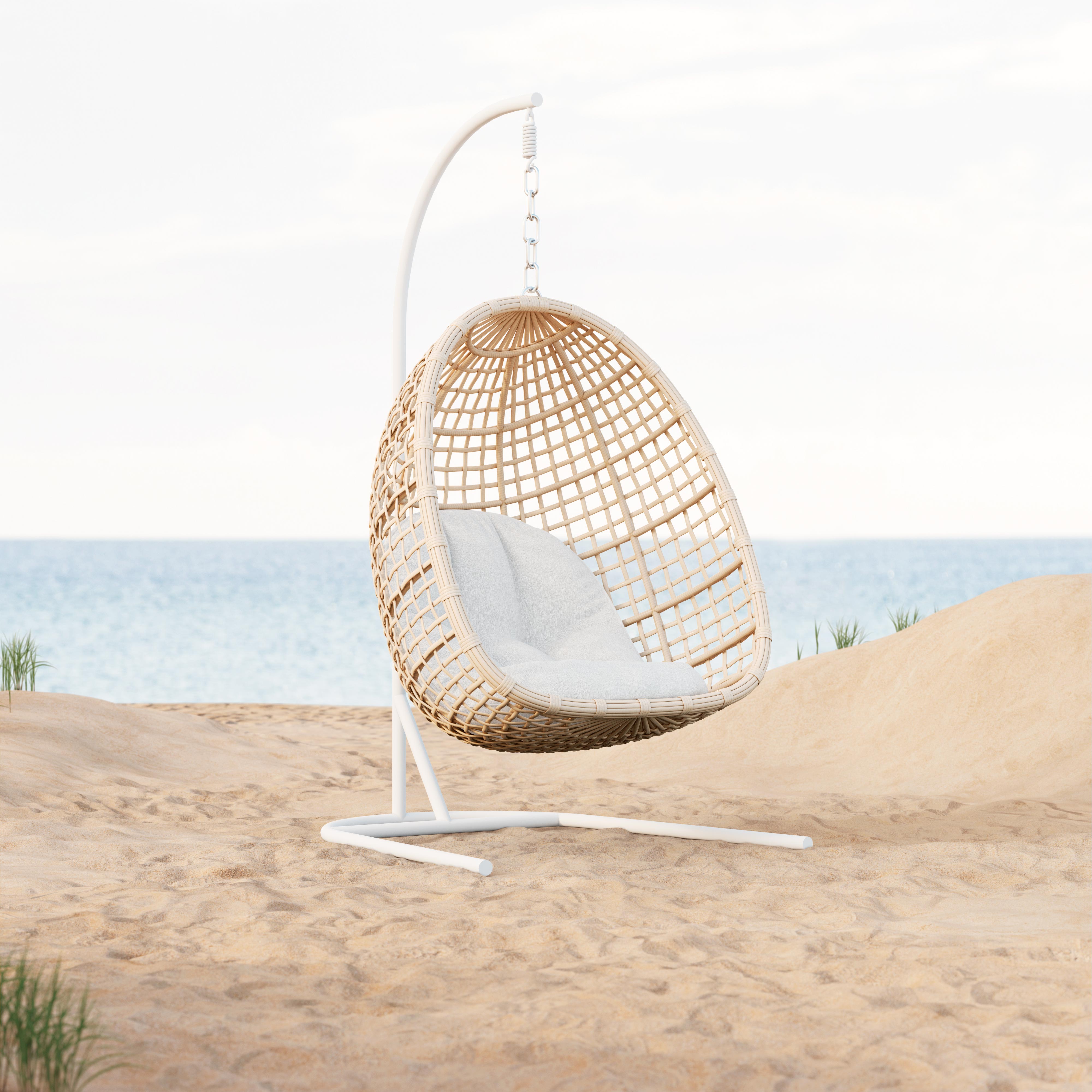 Azzurro Living Kiawah Hanging Chair With Matte White Aluminum Frame And Almond All-Weather Wicker