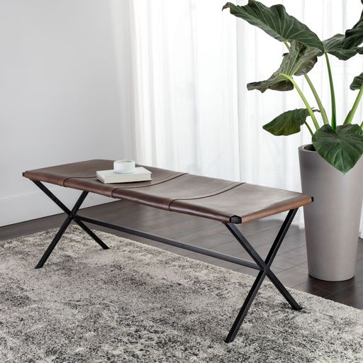 Sunpan Elon Bench - Vintage Cognac / Suede Light Tan Leather