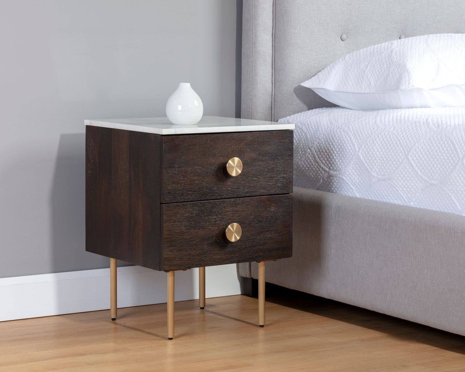 Sunpan Keely Nightstand in White Marble-Dark Walnut