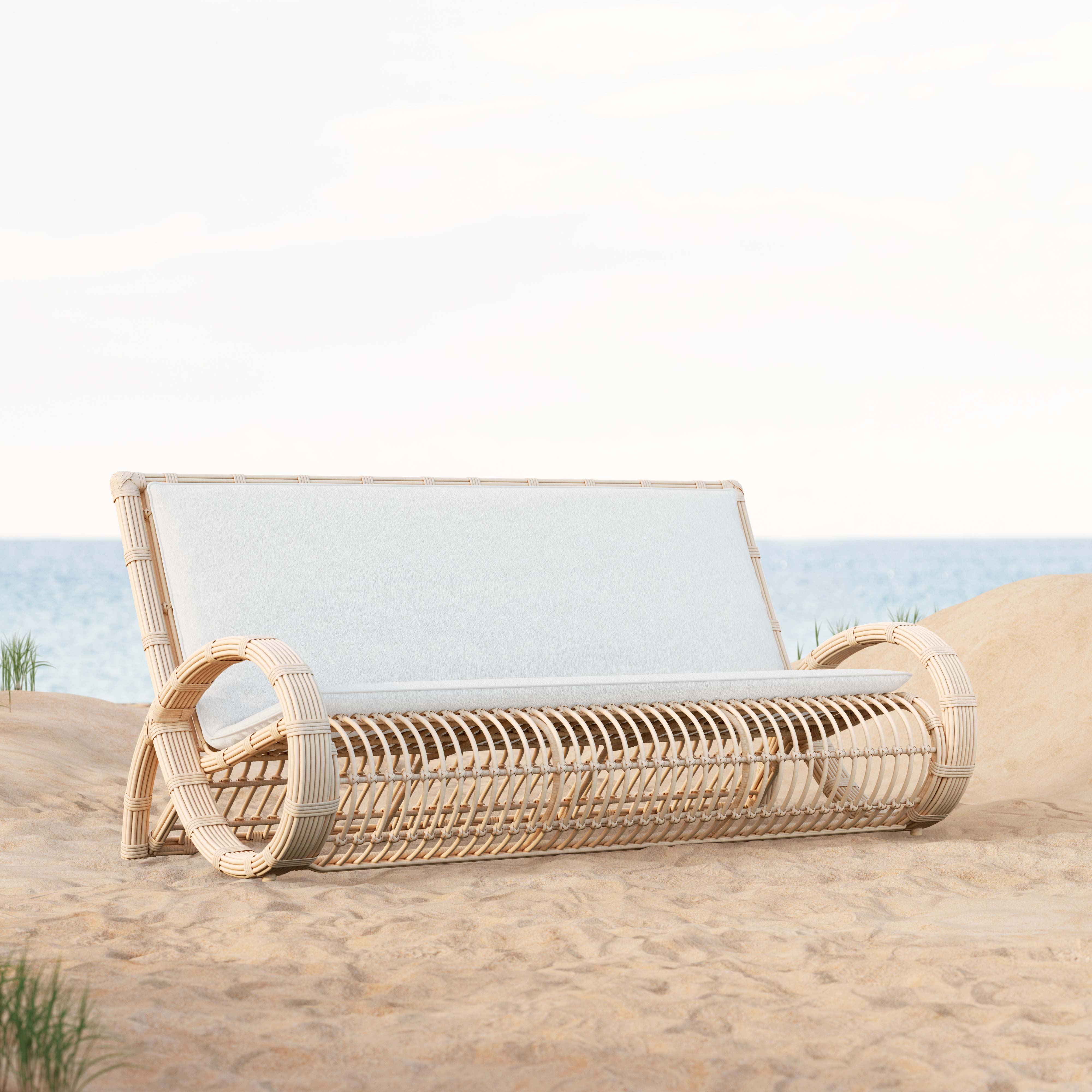 Azzurro Living Paloma 3 Seat Sofa In Matte White Aluminum Frame and Almond All-Weather Wicker