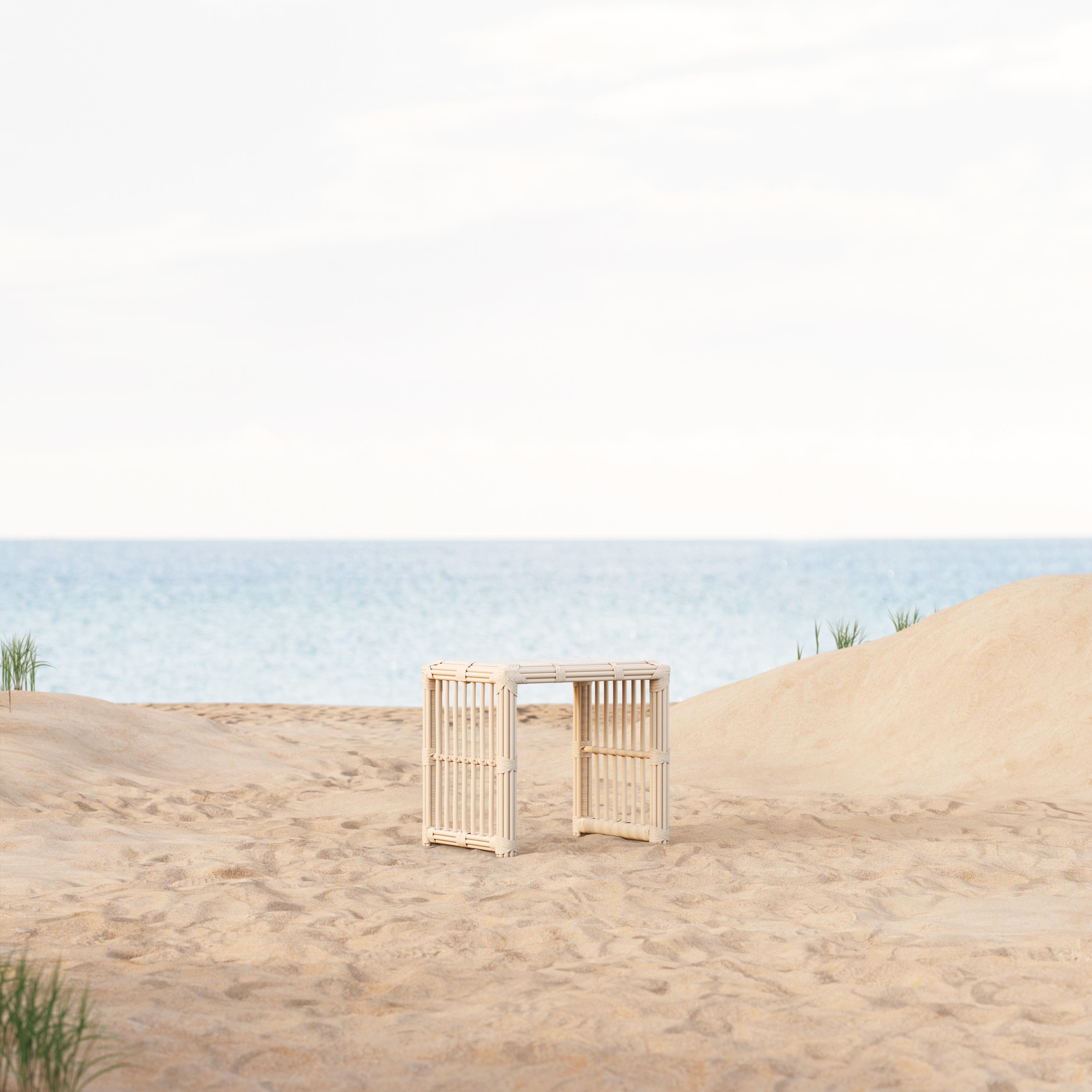 Azzurro Living Paloma Side Table With Matte White Aluminum Frame And Almond All-Weather Wicker