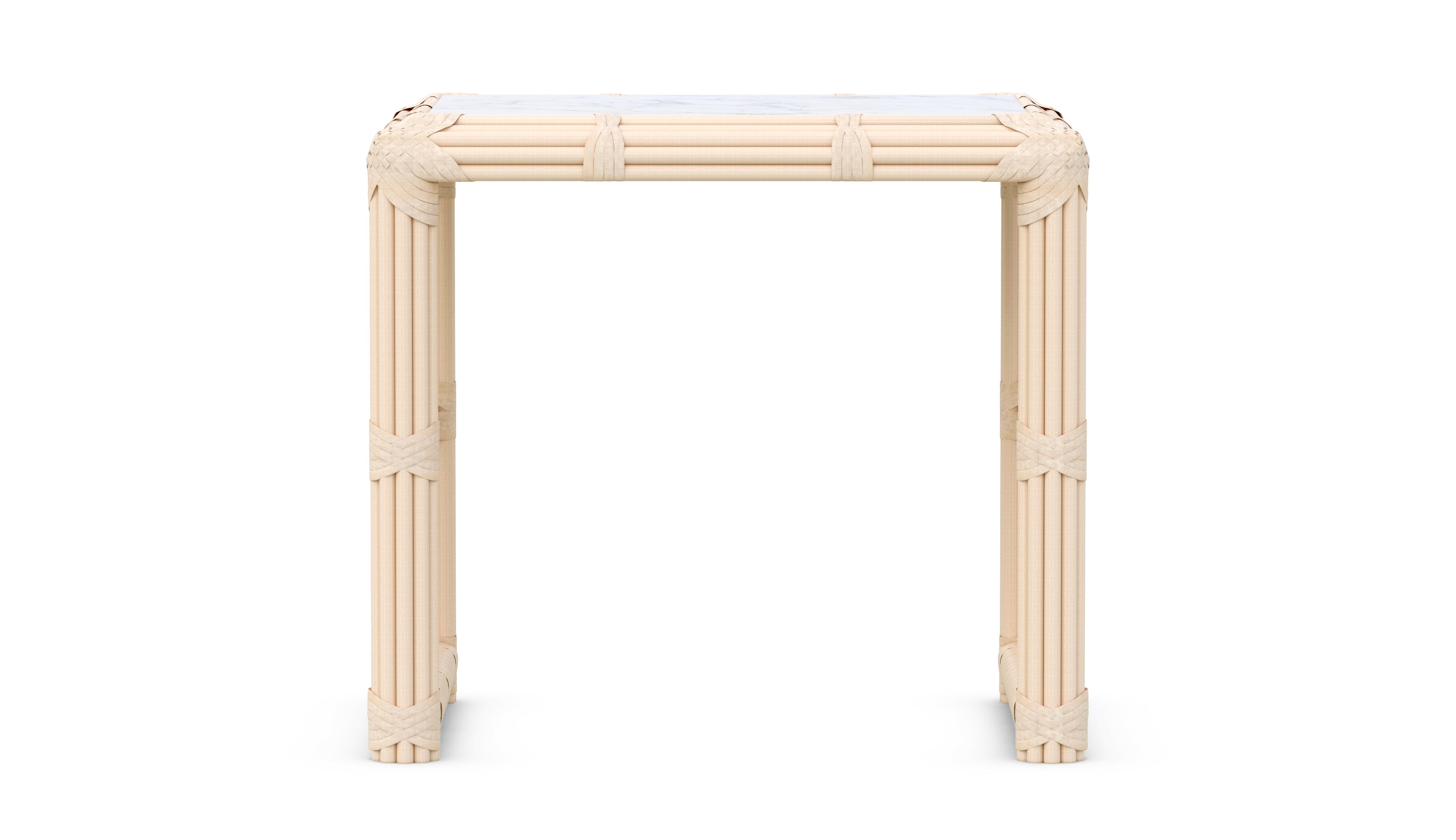 Azzurro Living Paloma Side Table With Matte White Aluminum Frame And Almond All-Weather Wicker