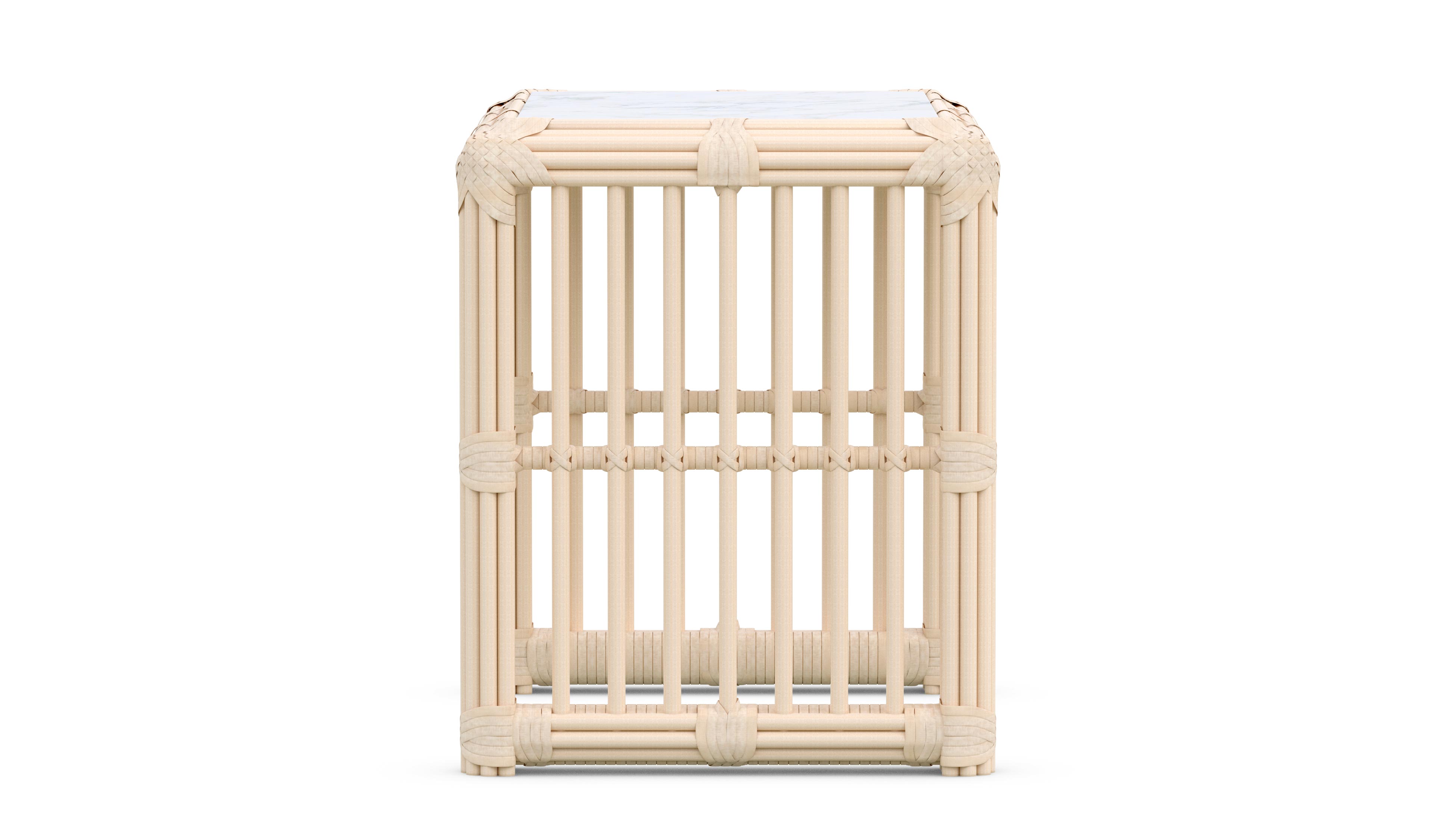 Azzurro Living Paloma Side Table With Matte White Aluminum Frame And Almond All-Weather Wicker