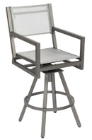 Woodard Palm Coast Sling Swivel Bar Stool with Arms, Aged Teak, Augustine Alloy (Grade A), Grade A Fabric, Garden Chairs, Bar Stools, Palm Coast, Aluminum, Bar Stools, Rectangular, Outdoor